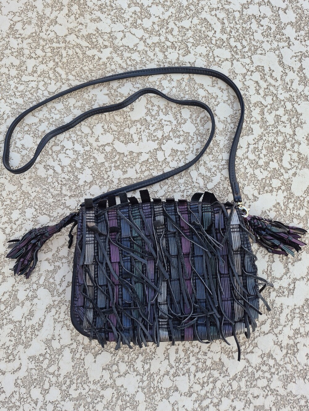 Vintage 80s East West Designs Narda Leather Fringe Crossbody Bag Boho Hippie